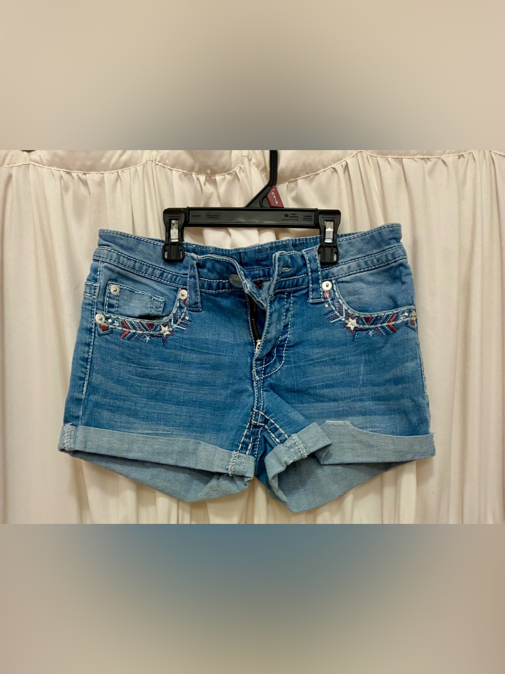 Knox Rose Blue Denim Cuffed Shorts with Embroidered Trim